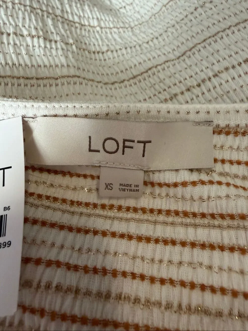 NWT LOFT Sparkle Puff Sleeve Square Neck Top Cream Gold Metallic Striped XS